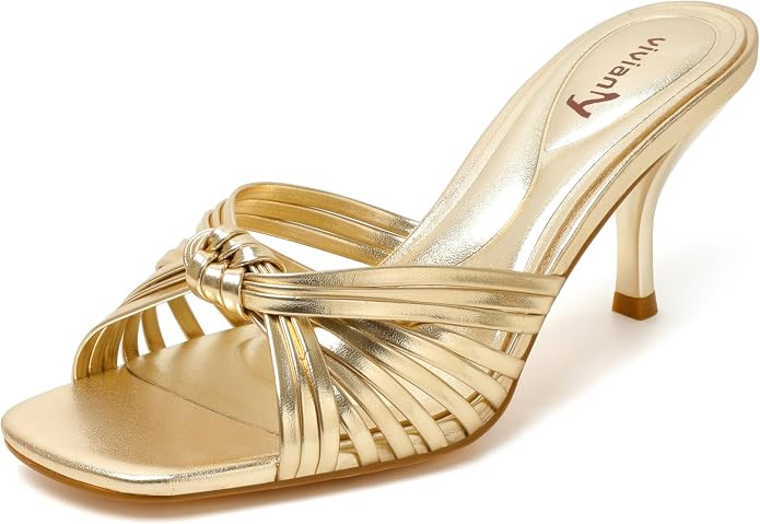 vivianly Heeled Sandals for Women Kitten Heel Square Open Toe Sandals Backless Slip-On Mule Shoes... | Amazon (US)