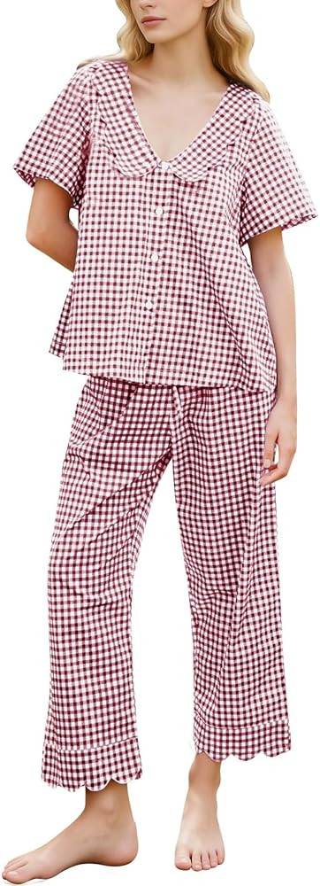 Kissonic Womens Gingham Pajama Set Cute Cotton Ruffle Pajamas Cozy Plaid Y2K Pjs Babydoll Sleepwe... | Amazon (US)