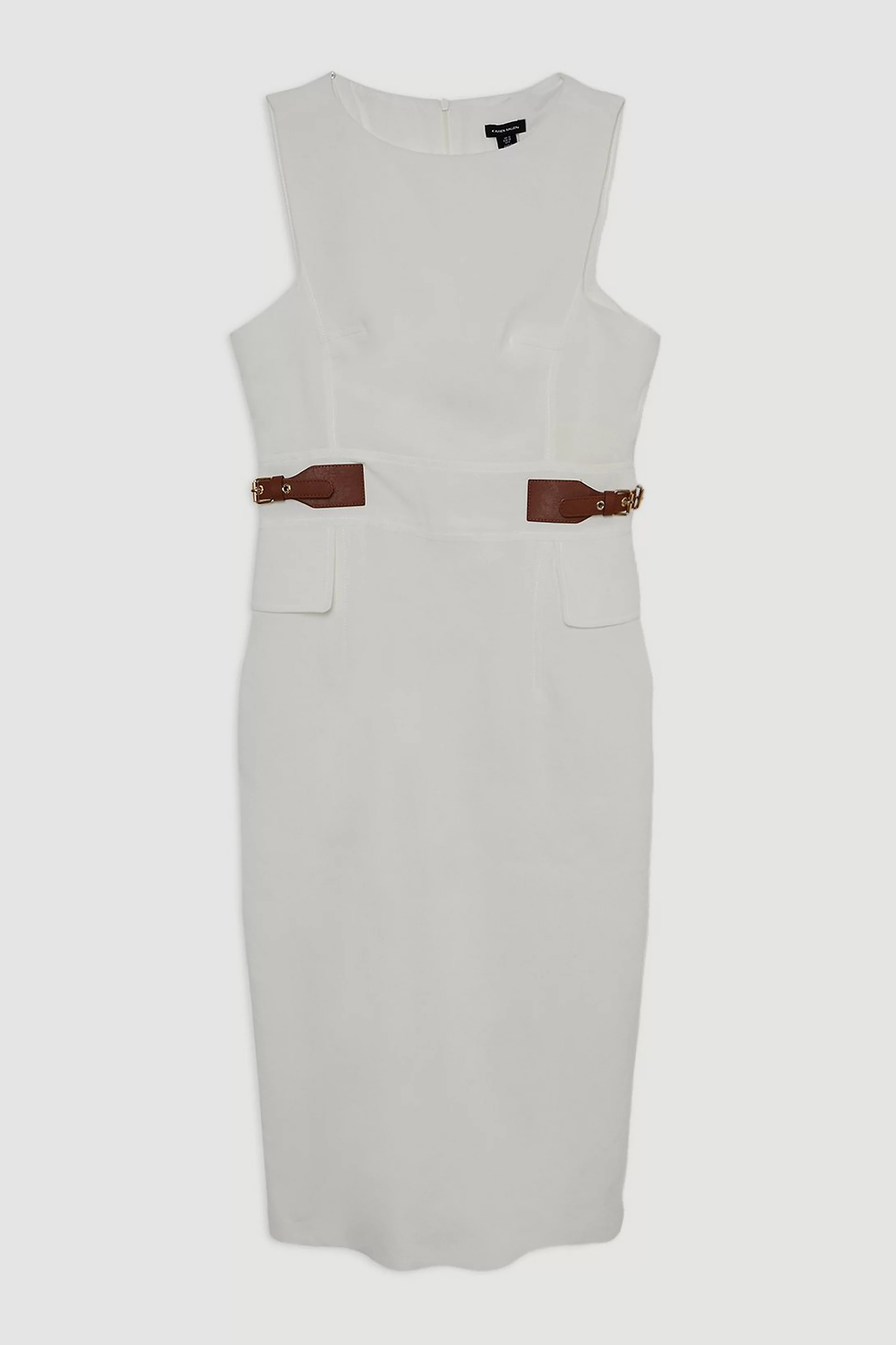 Premium Tailored Linen Tab Waist Pencil Midi Dress | Karen Millen US