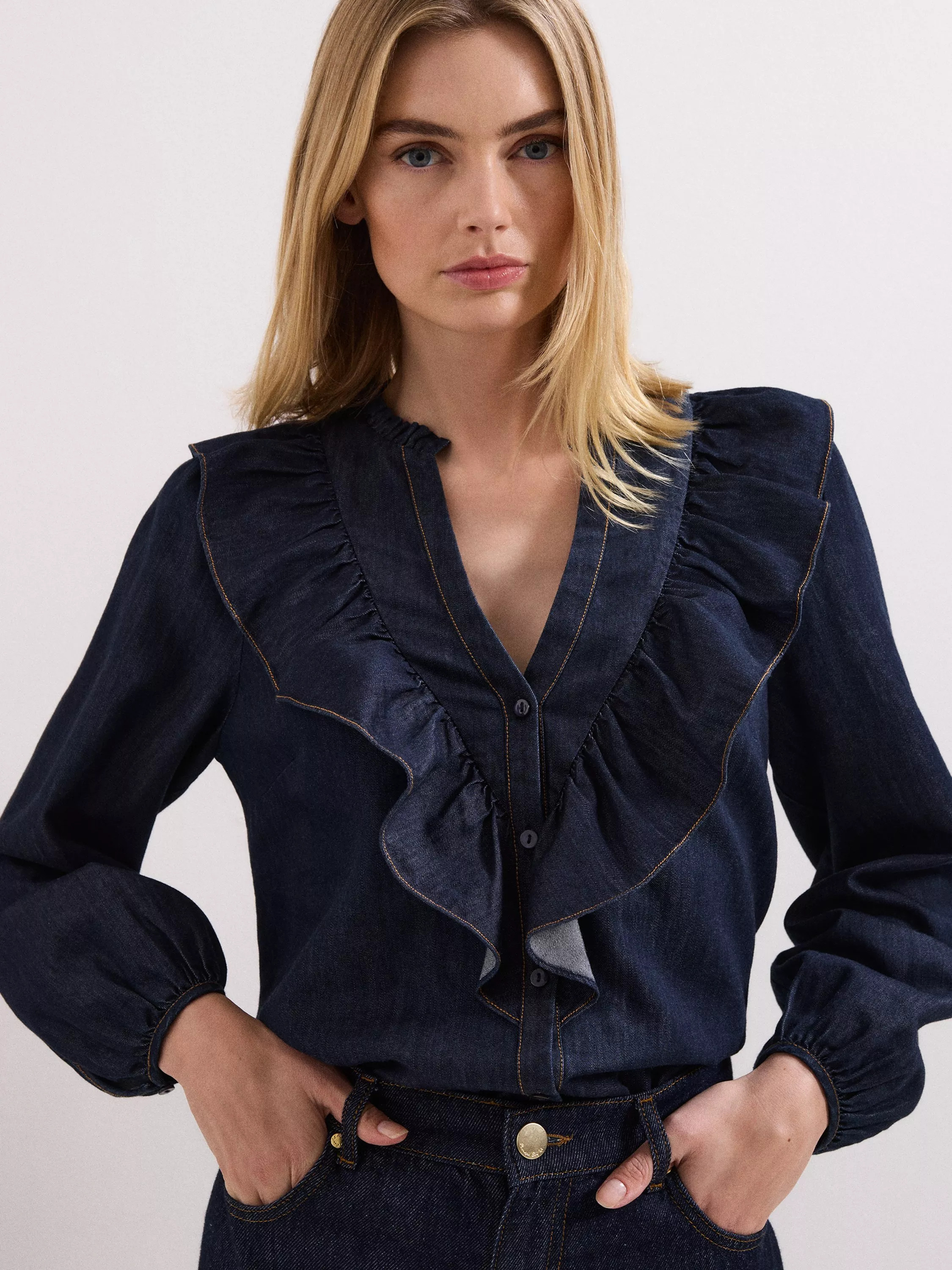 Phase Eight Alexia Ruffle Denim Shirt, Mid Wash Blue | John Lewis (UK)