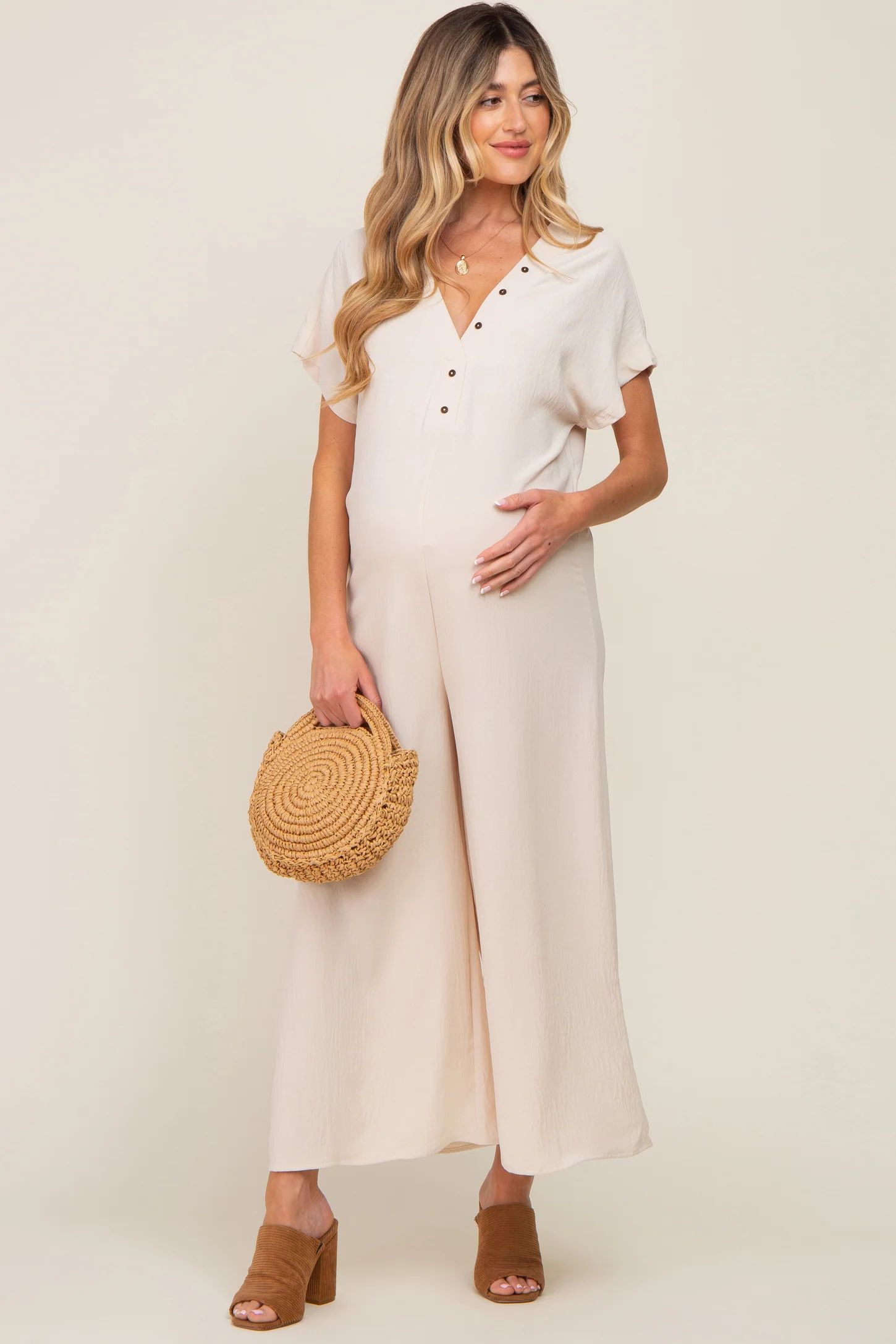 Beige Front Button Accent Maternity Jumpsuit | PinkBlush Maternity