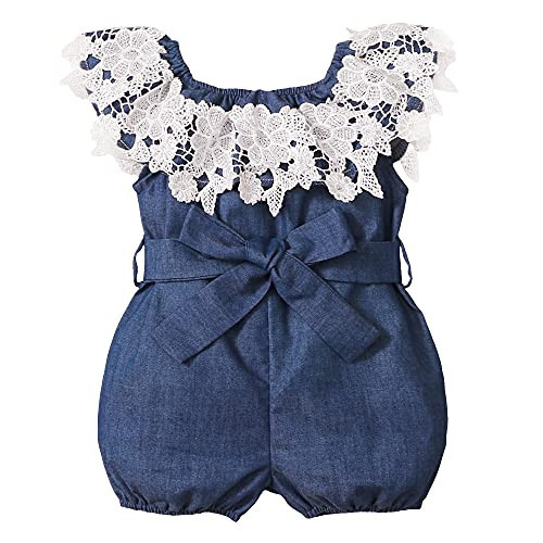 XUANHAO Baby Girl Romper Summer 12 Month Girl Clothes Cute One-Piece Baby Jumpsuit Girls Ruffle Sleeveless Lace Denim Shorts Outfit Sets 12-18 Month Girls Clothes | Amazon (US)