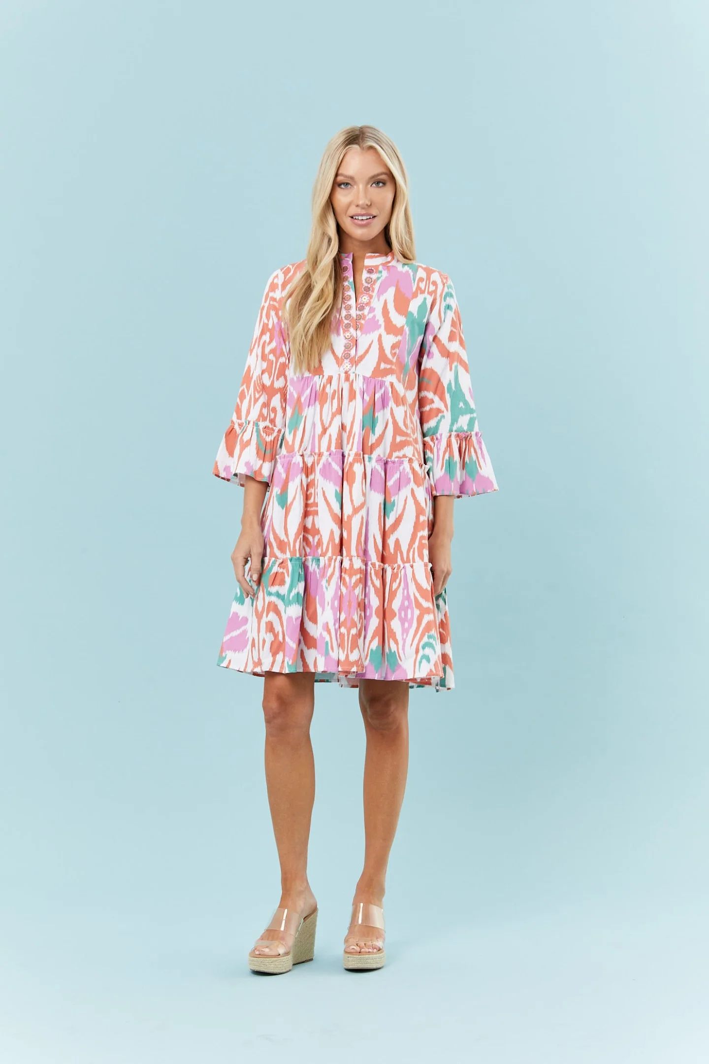 Caty Dress in Tulip Ikat Peach + Pink + Teal | Sheridan French