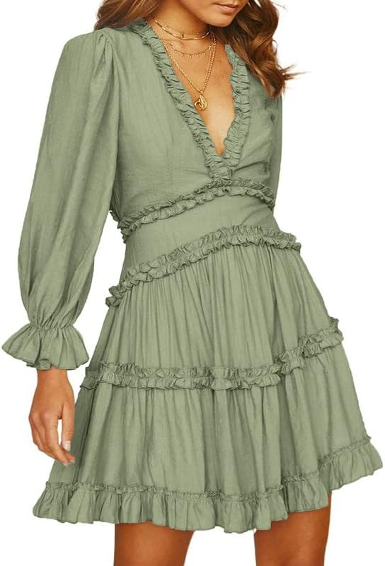 Dokotoo Womens 2023 Spring Summer Deep V Neck Ruffle Long Sleeve Floral Print Mini Dress | Amazon (US)