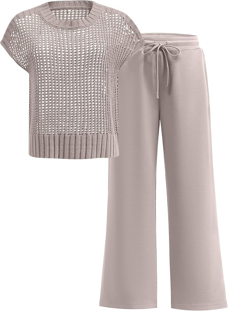 Amazon.com: ANRABESS Women Two Piece Outfits Crochet Sheer Knit Sweater Top Wide Leg Pants Lounge... | Amazon (US)