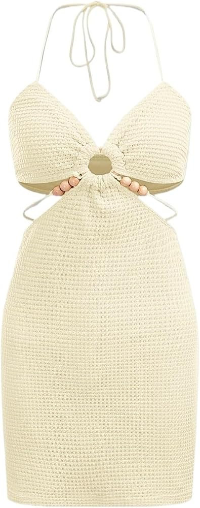 Womens Short Dress Ring Tie Backless Halter Dress Sleeveless Spring Summer | Amazon (US)