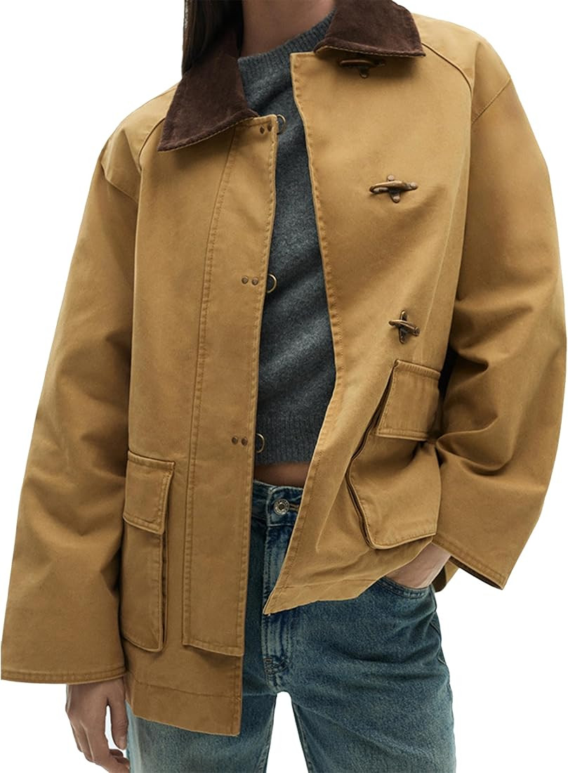 Lumister Womens Oversized Barn Jacket Contrasting Lapel Collar Retro Button Down Casual Canvas Co... | Amazon (US)