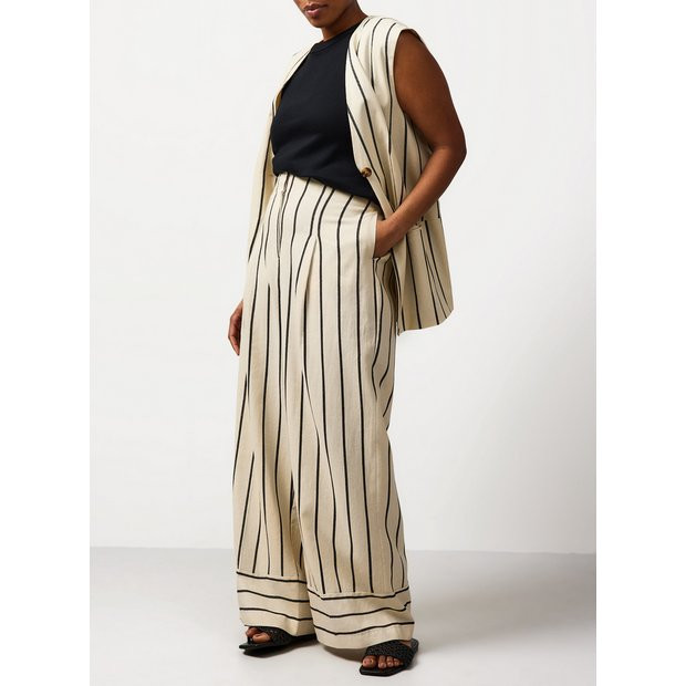 Cream Stripe Linen Blend Wide Leg Trousers 18L | Tu Clothing