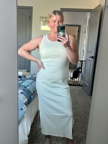 Side slit tank dress in white asparagus color. I’m wearing a medium. #midsizefashionsize8 #midsizepetite #appleshape 

#LTKstyletip #LTKfindsunder50 #LTKmidsize