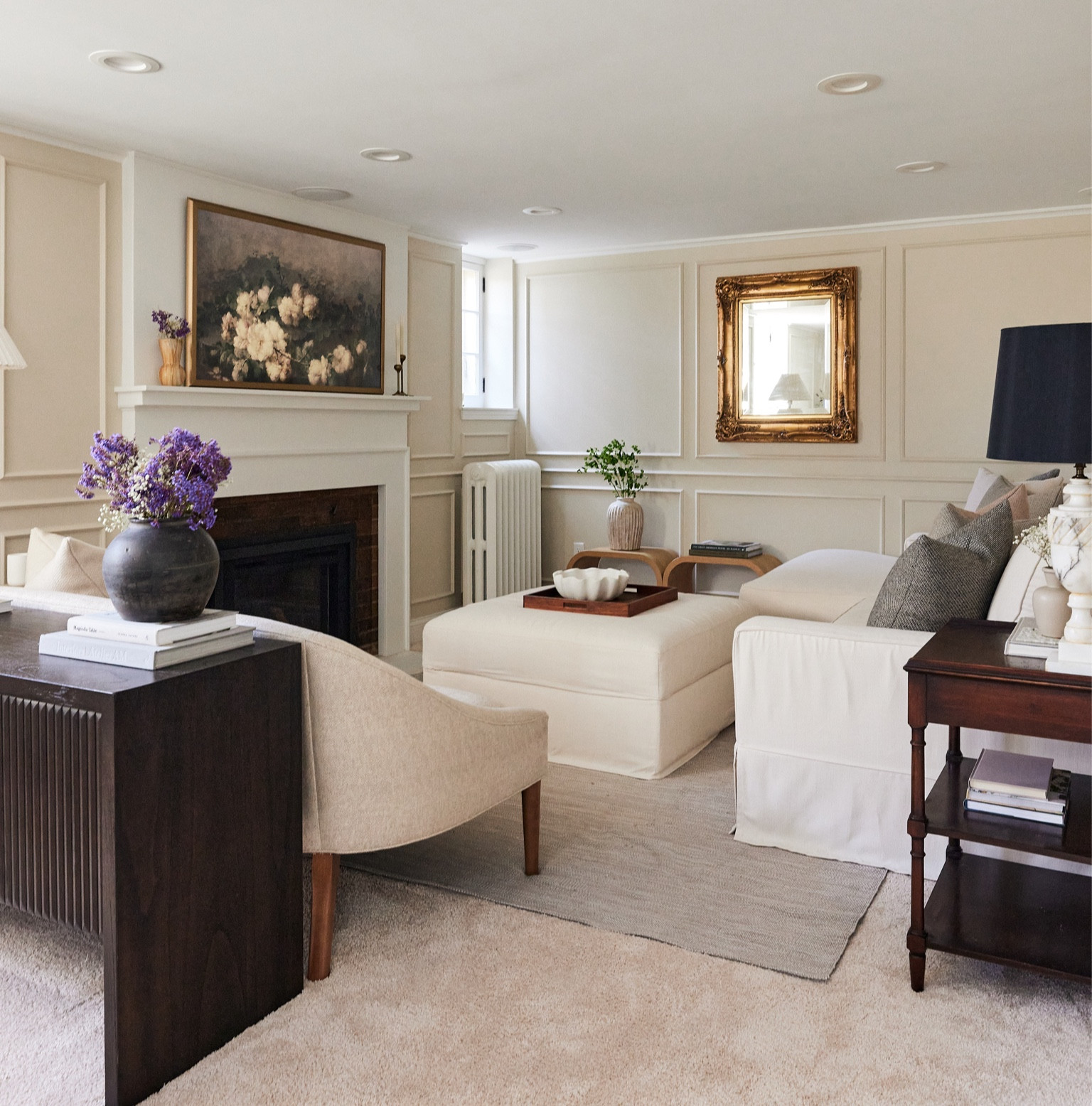 basement movie room: settee, fabric sectional, fabric ottoman, console, black vase, frame TV frame, flatweave rug, terracotta vase, frame TV artwork. alternative: nesting tables.  

#LTKhome #LTKFind