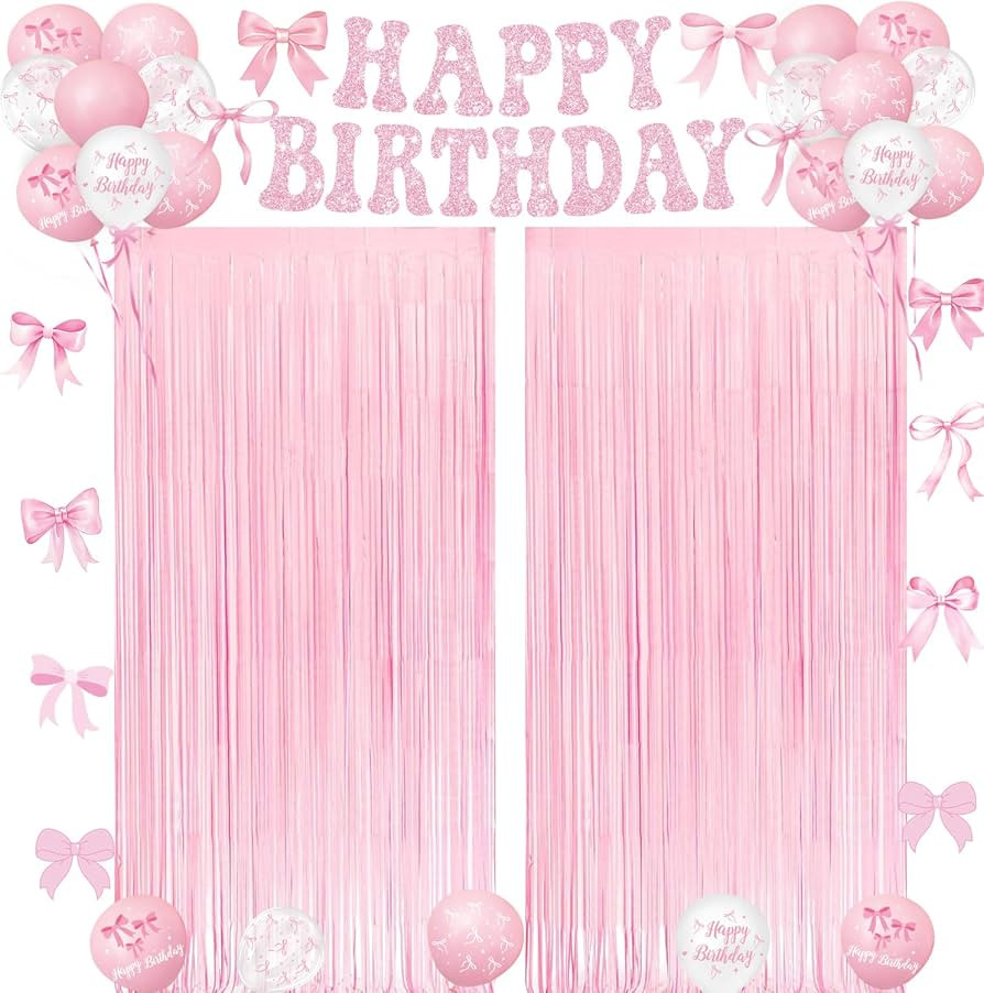 Pink Bow Birthday Decorations – 2 Pack Pink Bow Foil Fringe Curtains, Banner, and Balloons for ... | Amazon (US)
