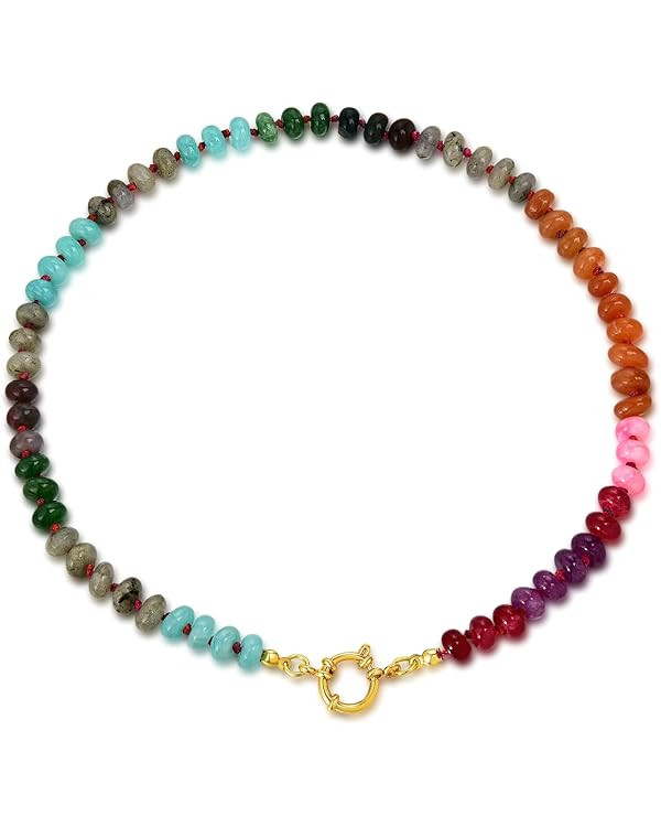 Beaded Gemstone Necklace for Women, Colorful Rainbow Choker, Boho Natural Stone Summer Beach Hand... | Amazon (US)