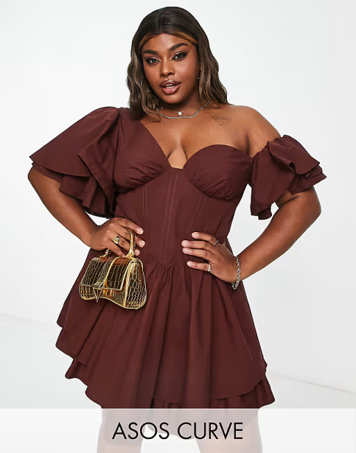 ASOS LUXE Curve one shoulder cotton dress with corset detail and ruffles in brick brown | ASOS | ASOS (Global)