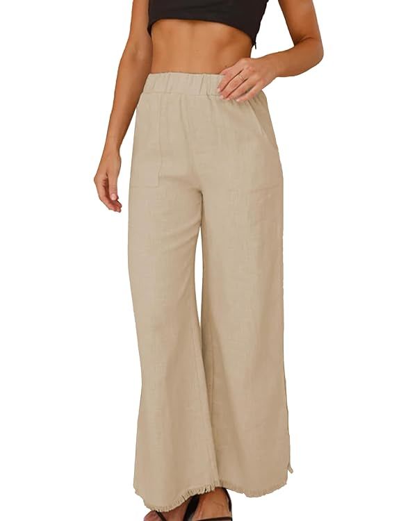 Ainangua Womens Wide Leg Linen Pants Summer Beach Palazzo Lounge Trousers Casual Fashion Plus Siz... | Amazon (US)