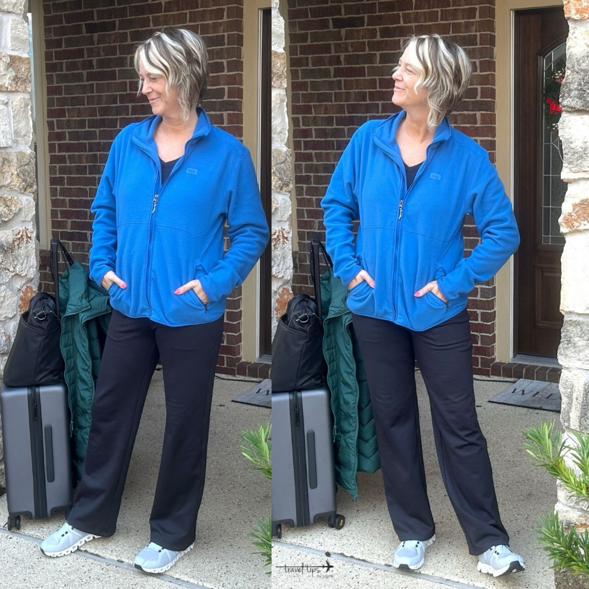 Travel Outfit for Winter:
Fleece lined wide-leg pants, faux zipper, waterproof sneakers with rugged sole, fleece jacket, water-resistant coat with straps, carryon luggage, backpack 15.6 version, midlife fashion, over 40 style, travel style, over 50 #traveloutfit #midlife 

#LTKSeasonal #LTKShoeCrush #LTKTravel