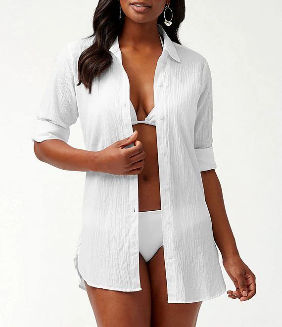 Crinkle Cotton Point Collar Long Roll-Tab Sleeve Boyfriend Swim Cover Up Shirt | Dillards