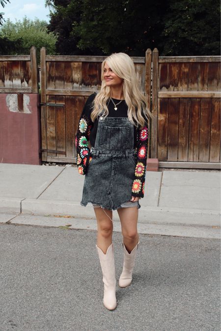 Fall outfit from Pink Lily! Wearing the Stone leather cowboy boots, black acid wash overall dress, and a black crotchet floral sweater! 

My exact sweater is sold out but I linked some that look a ton like mine! 

#LTKunder100 #LTKshoecrush #LTKFind