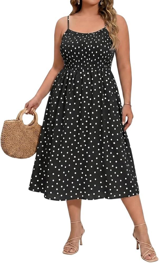 Beautife Women's Plus Size Midi Dress Summer Polka Dot Square Neck Long Dresses Spaghetti Strap S... | Amazon (US)
