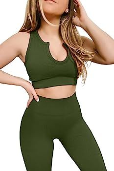 FAFOFA Workout Outfits for Women 2 Piece Ribbed Seamless Crop Tank High Waist Yoga Leggings Sets | Amazon (US)