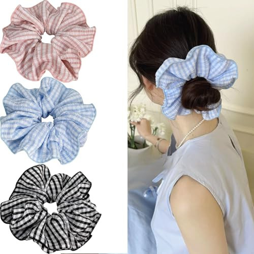 Jseng 3PCS Large Gingham Scrunchies for Hair, Sweet Hair Ties, Beige and Black | Amazon (US)