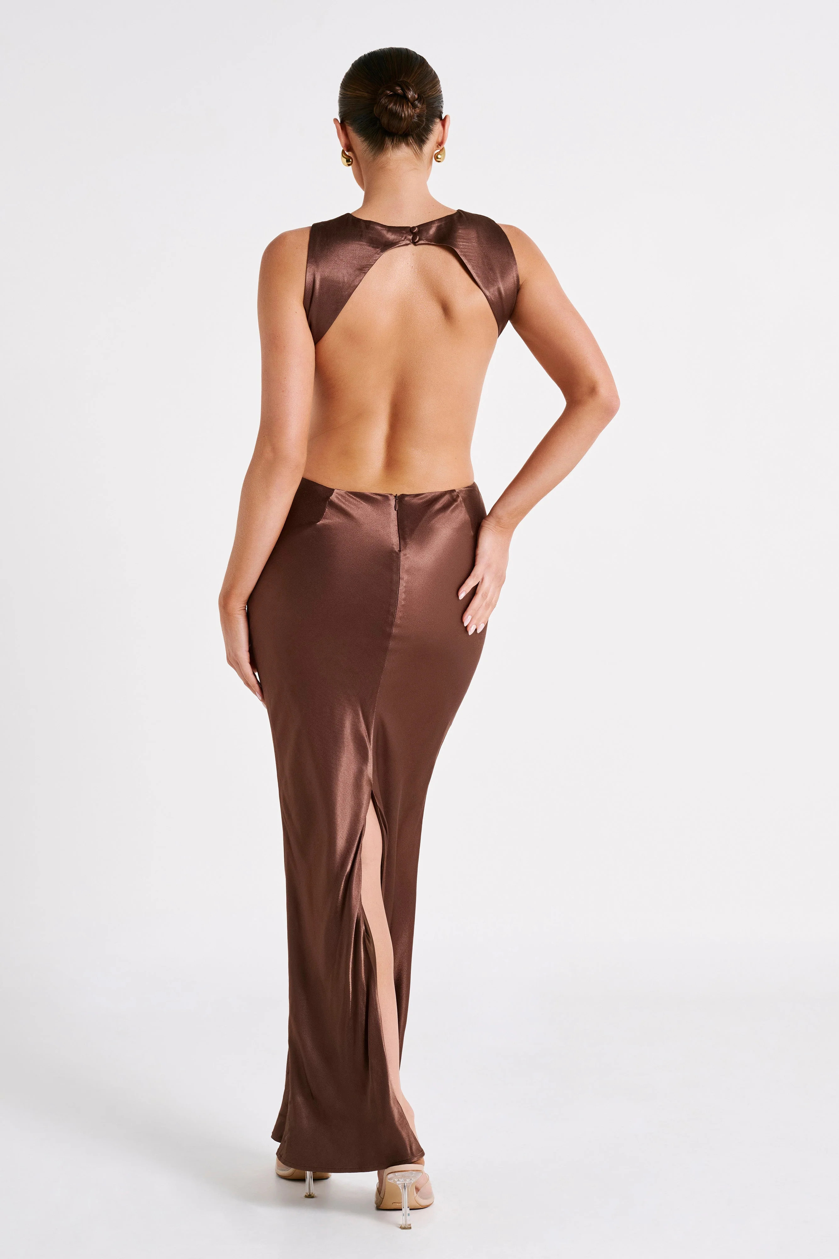 Electra Satin Cut Out Maxi Dress - Mocha | MESHKI US
