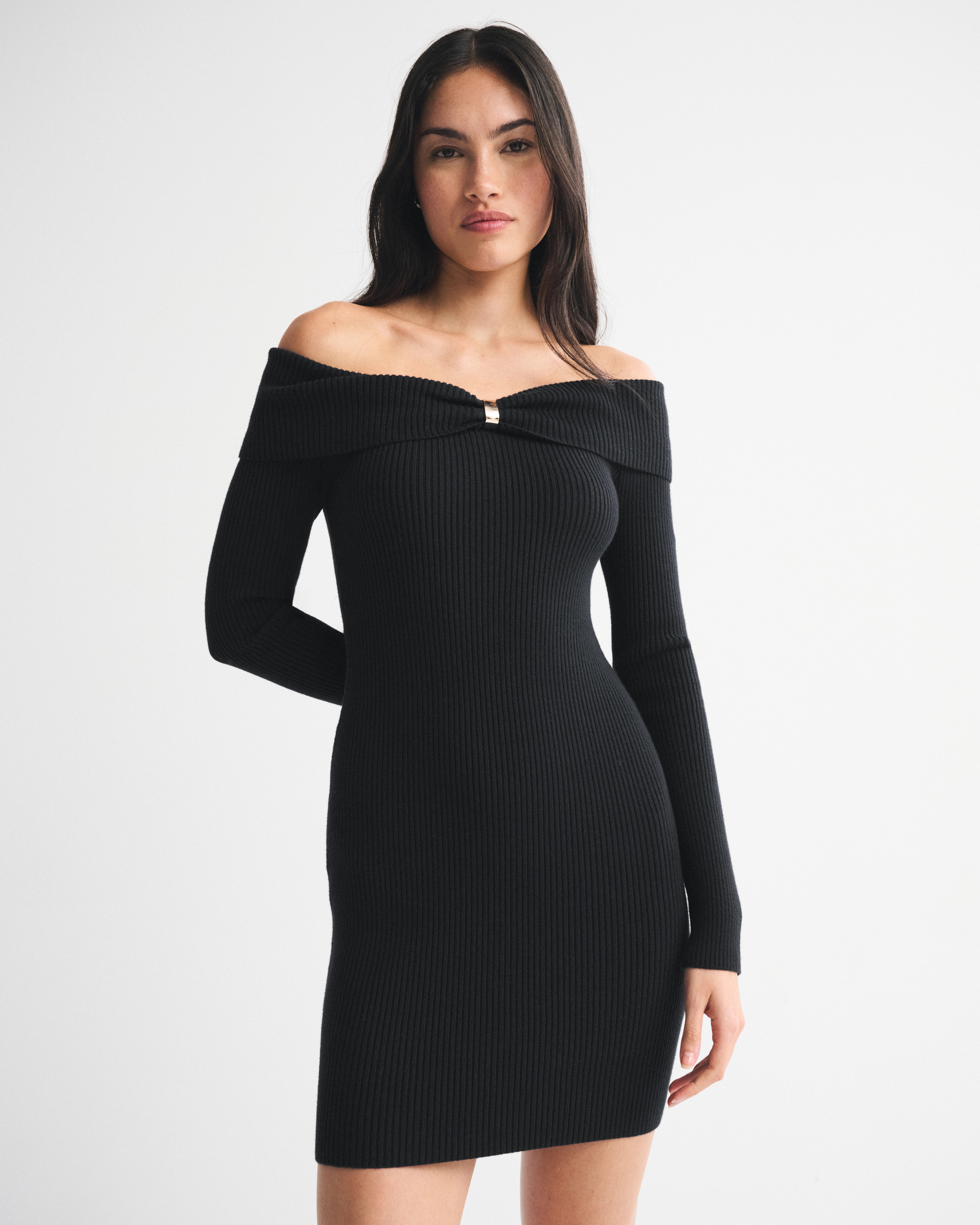 Off-The-Shoulder Hardware Mini Sweater Dress | Abercrombie & Fitch (US)