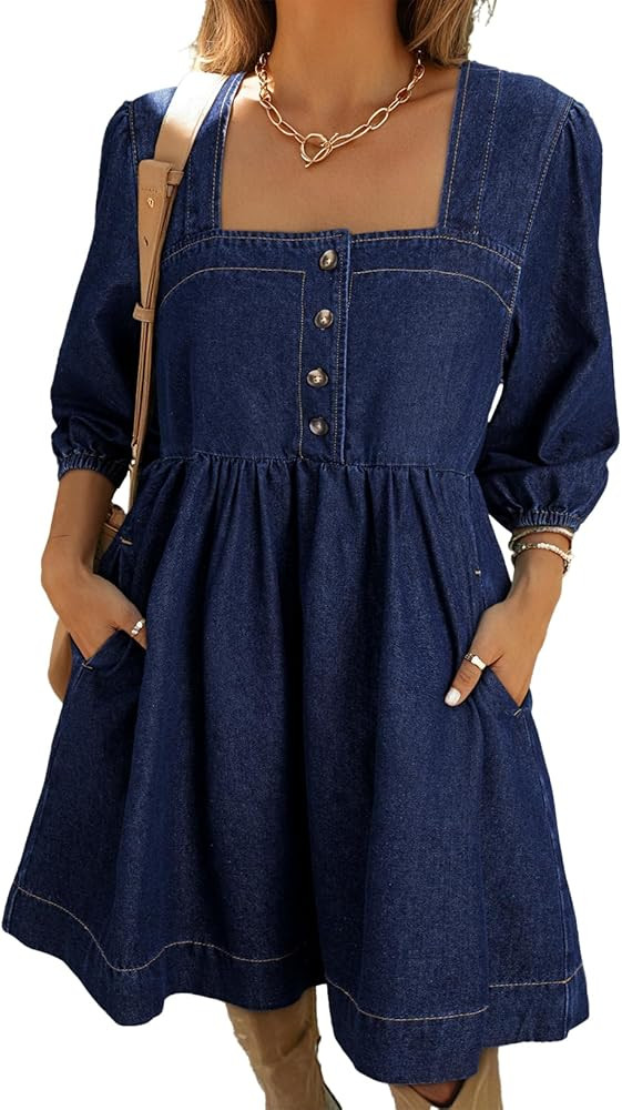 Sidefeel Women's Spring Outfit Denim Dress 3/4 Sleeve Loose Fit Square Neck Summer Jean Dresses w... | Amazon (US)