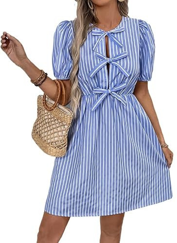 JOLILUNA Women's Blue and White Striped Puff Sleeve Dress with Front Bow Details Casual Summer Outings Dress 2025 (Large) | Amazon (US)