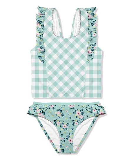 Mint Gingham Dainty Floral Ruffle-Accent Tankini - Infant, Toddler & Girls | Zulily