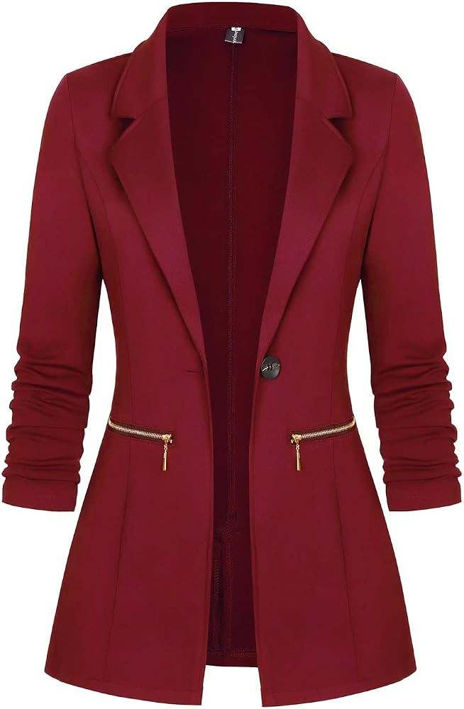 Genhoo Women's Long Sleeve Blazer Open Front Cardigan Jacket Work Office Blazer with Zipper Pocke... | Amazon (US)