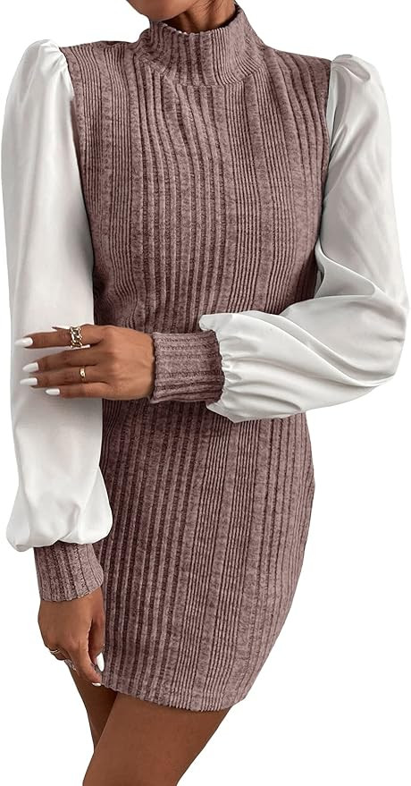 OYOANGLE Women's Color Block Long Bishop Sleeve Mock Neck Ribbed Knit Short Dress | Amazon (US)