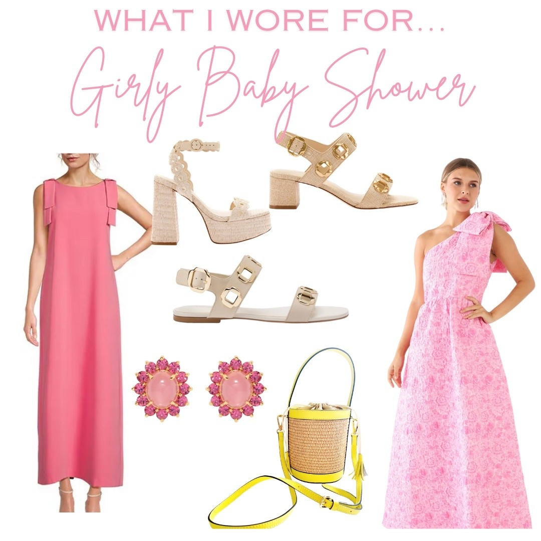 Pink baby shower. Girl baby shower. Dress. Sandals. Pink earrings. Raffia bag. Bucket bag. Maxi dress. Pink dress. Abbey Glass  

#LTKSaleAlert #LTKItBag #LTKShoeCrush