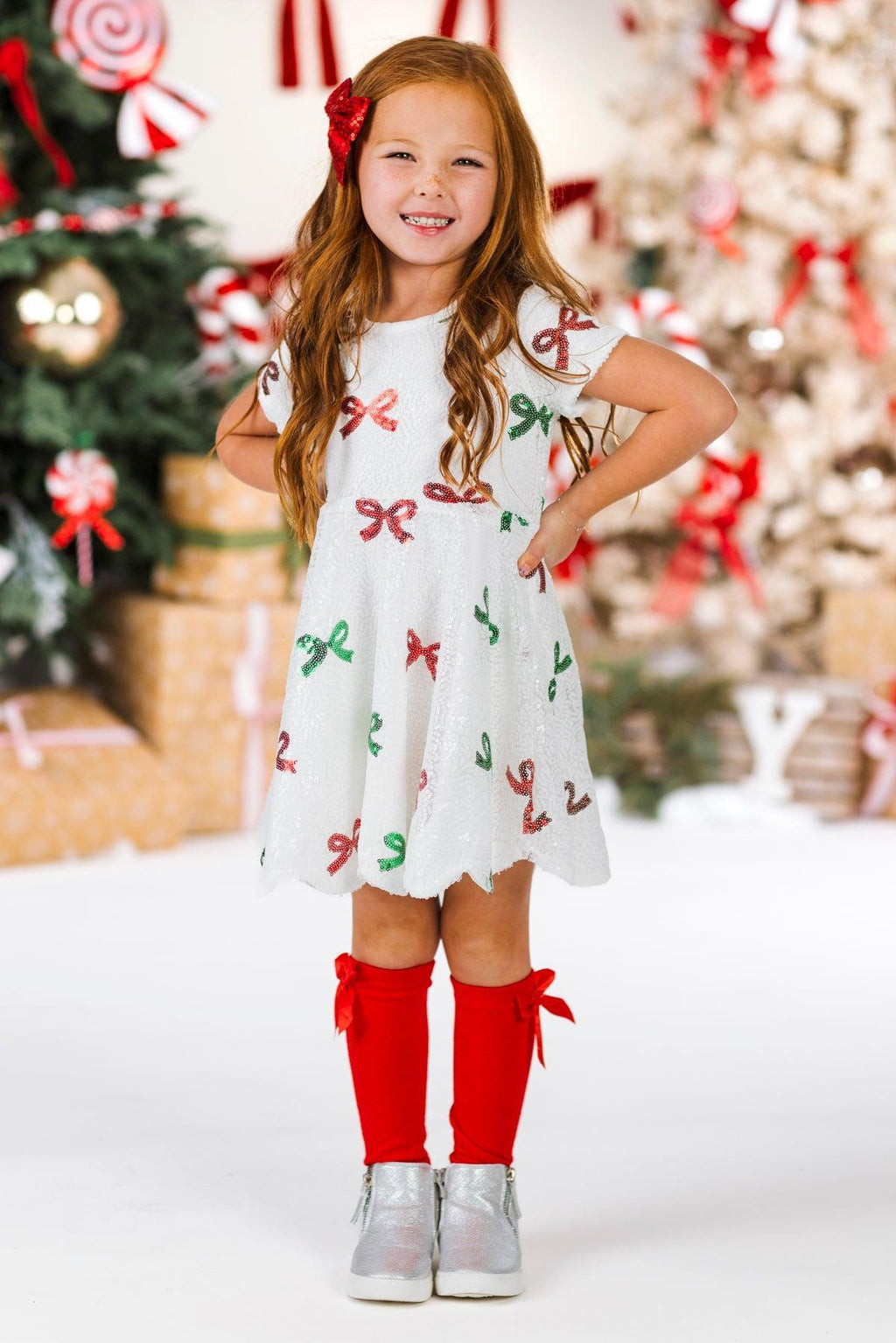 Red & Green Sequin Bow Dress | Sparkle In Pink