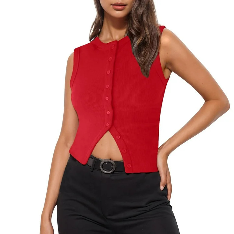 ZyeKqe Cropped Sweater Vest for Women Button down Crewneck Sleeveless Knit Shirts Lightweight Kni... | Walmart (US)