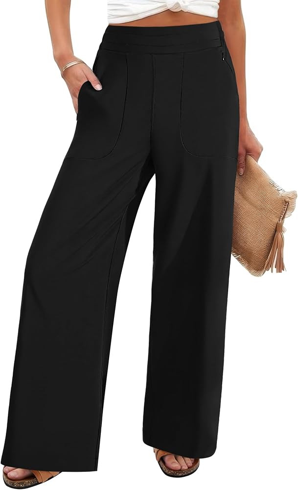 FireSwan Women's Wide Leg Work Pants High Elastic Waist Dress Palazzo Pants Trousers with Zipper ... | Amazon (US)