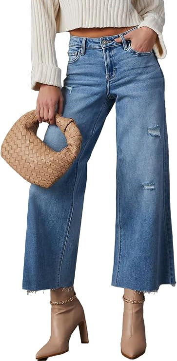 Allimy Women's High Waisted Straight Ankle Wide Leg Ripped Jeans Frayed Hem Stretchy Capri Denim ... | Amazon (US)