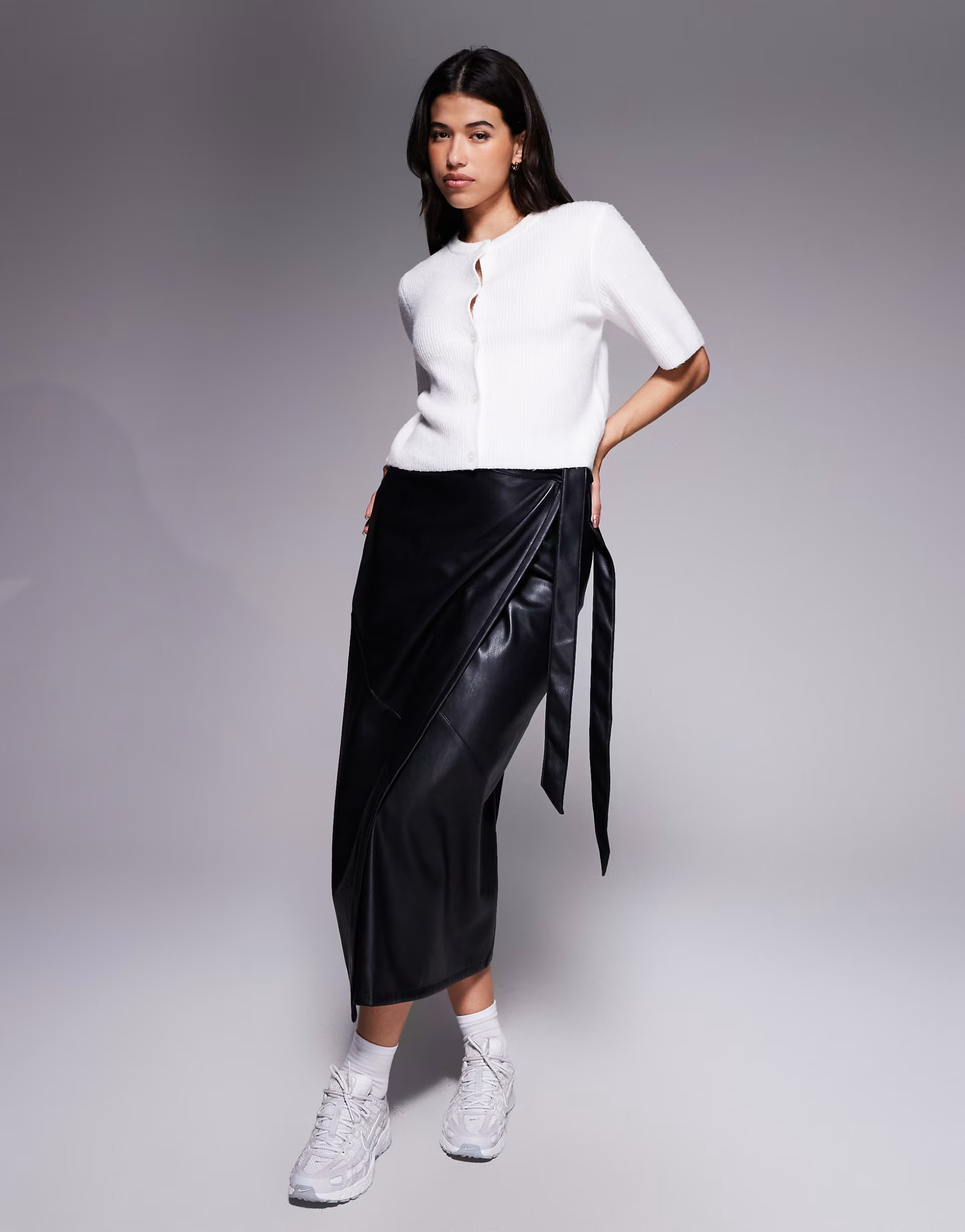 ASOS DESIGN faux leather wrap midi skirt in black | ASOS (Global)