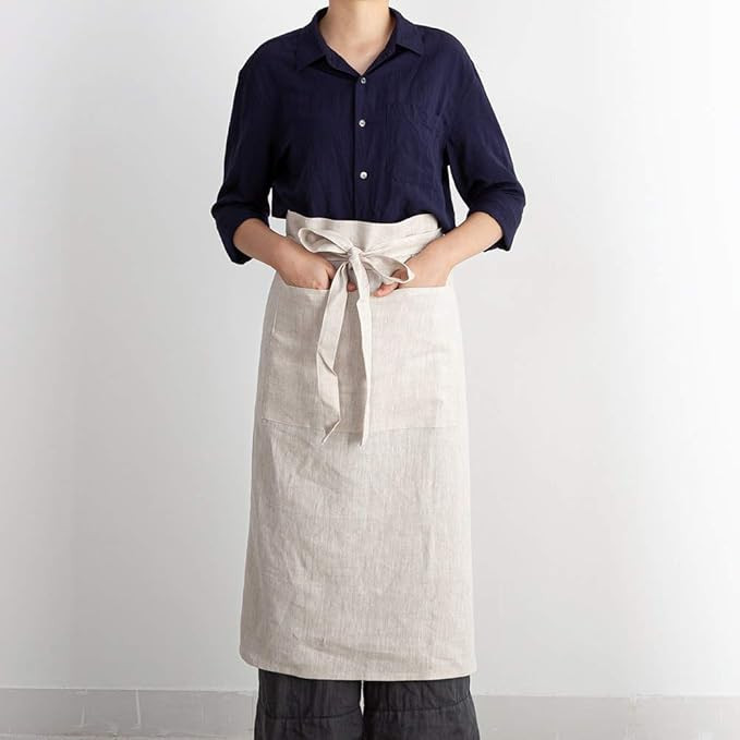 ATLINIA 100% Linen Apron with Buttons Adjustable Bib Apron with Pockets Linen Half Apron Bistro A... | Amazon (US)