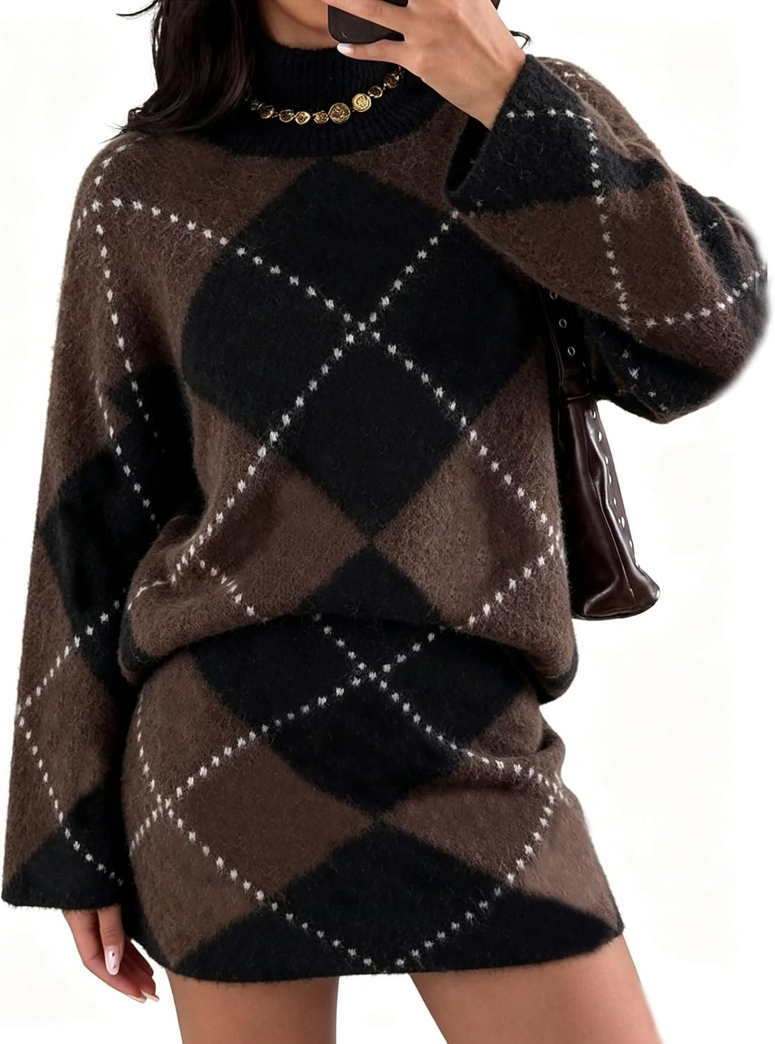 CHARTOU Women 2 Piece Sweater Skirt Sets Argyle Plaid Preppy Style Trendy Fall Sweater Outfits | Amazon (US)