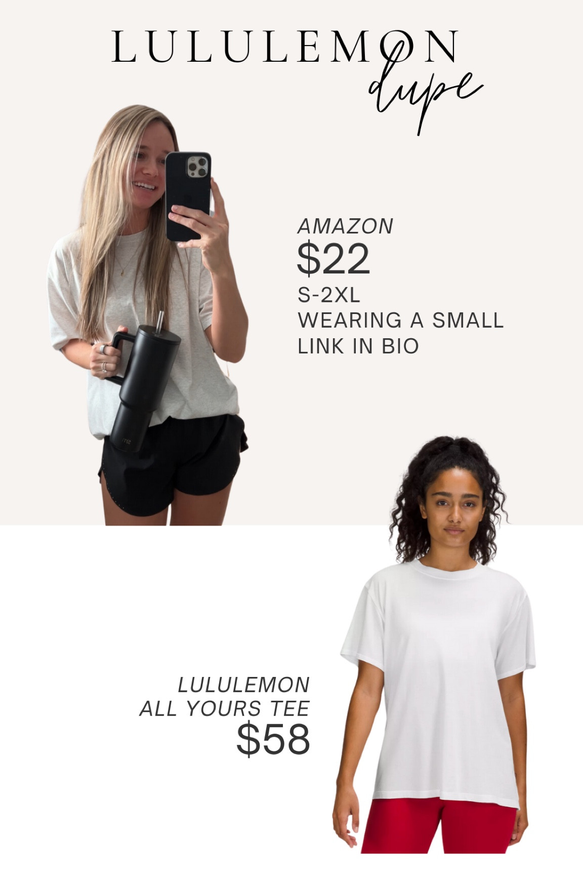 Lululemon All Yours Tee Amazon Dupe
Top - size small
Bottoms - size 4
#LTKfitness #LTKfindsunder50

#LTKFitness #LTKActive