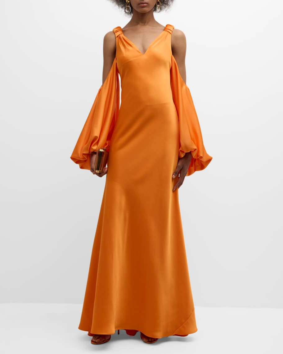 Binnie Cold-Shoulder Balloon-Sleeve Satin Gown | Neiman Marcus