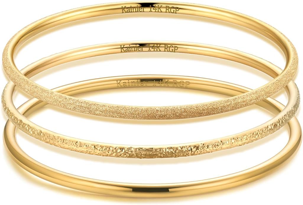 Kainier 3mm 14K Gold Plated Bracelet Stainless Steel Glossy Stackable Thin Round Bangle Bracelet ... | Amazon (US)