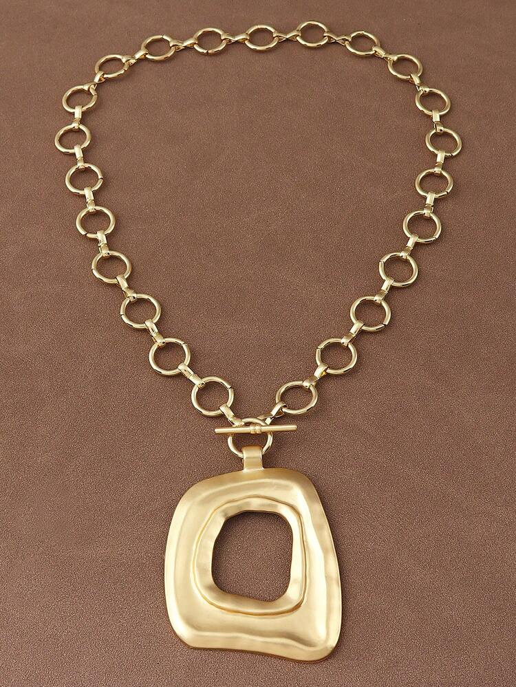 1pc Fashionable Matte Gold/Silver Asymmetric Hollow Square Pendant Chunky Chain Necklace, Suitable For Women's Daily Wear, 18 Inches + 2 Inches Extension Chain | SHEIN