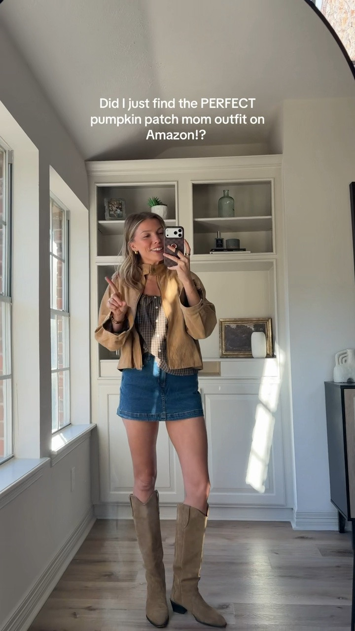 Pumpkin patch outfit - S in my top, S in denim skort, cowgirl boots tts.