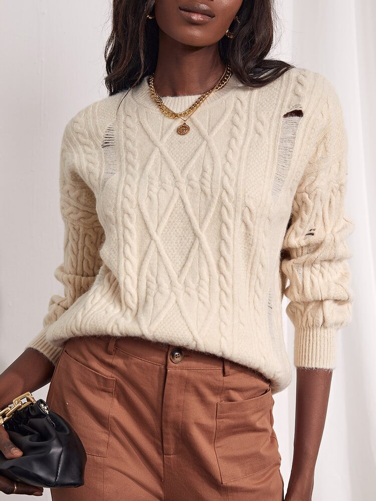 Ripped Drop Shoulder Cable Knit Sweater | SHEIN