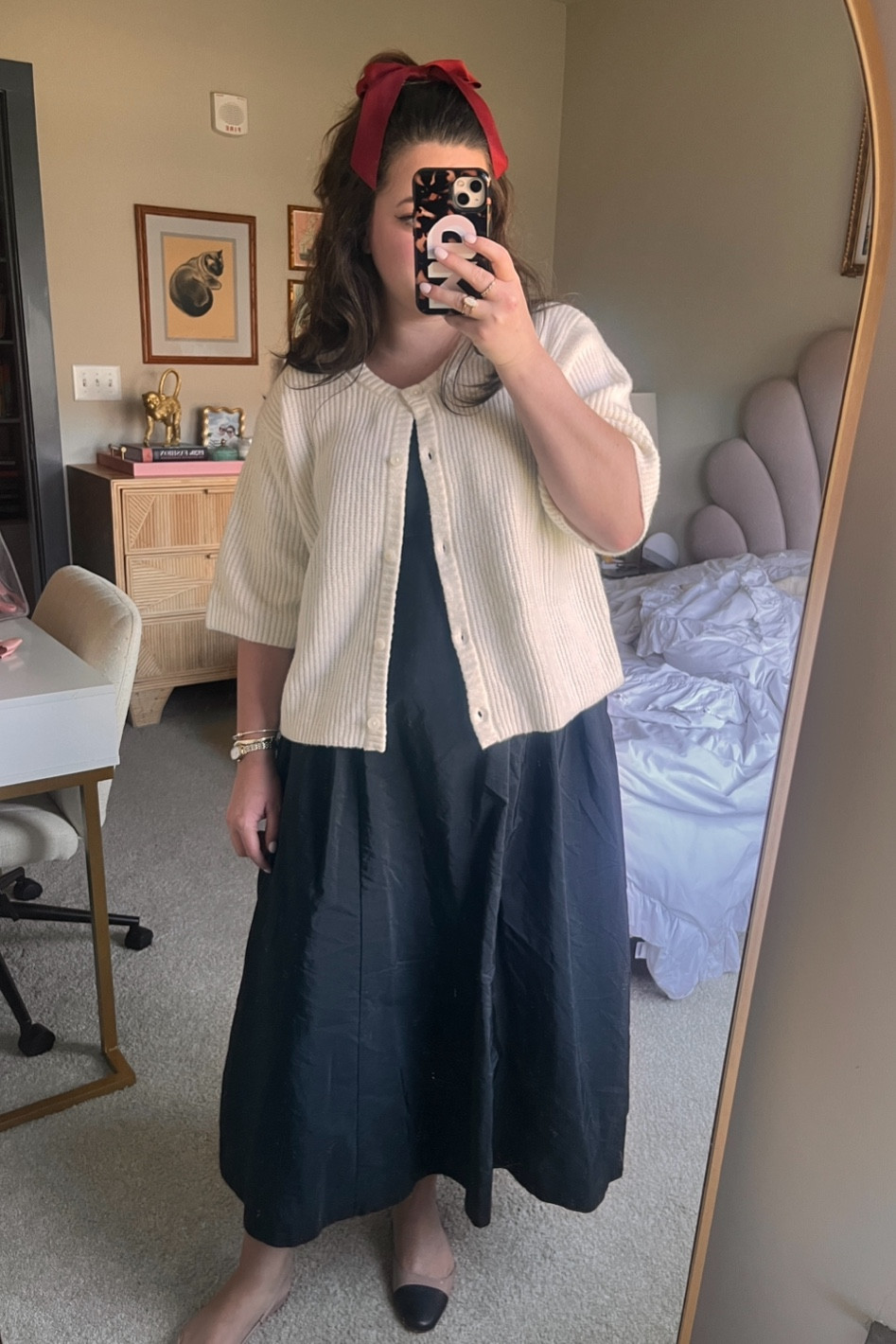 Black midi dress, aerie cardigan, red hair bow, cap toe sling back flats 