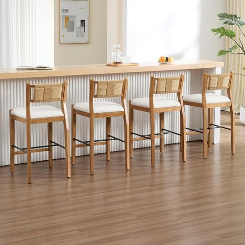 CIMOTA Rattan Counter Height Bar Stools Set of 4, 26" Farmhouse Barstools with Woven Backs, Boho ... | Amazon (US)