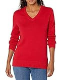 Amazon Essentials Women's 100% Cotton Long-Sleeve V-Neck Sweater, Red, X-Small | Amazon (US)