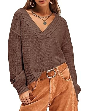 UNCLECAT Women's V Neck Sweaters 2025 Long Sleeve Fall Sweaters Casual Knit Trendy Pullover Tops | Amazon (US)