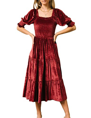 Smocked Velvet Midi Dress for Women 2022 Wedding Guest Vintage Elegant Square Neck Puff Sleeve A Line Maternity Long Dresses Red | Amazon (US)